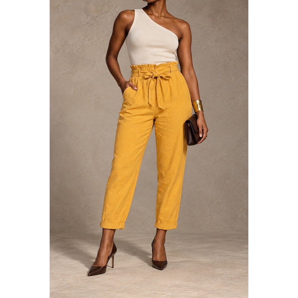M 152 Love Tree Mustard Yellow Linen Blend Paperbag Tie Waist Tapered Ankle Pant